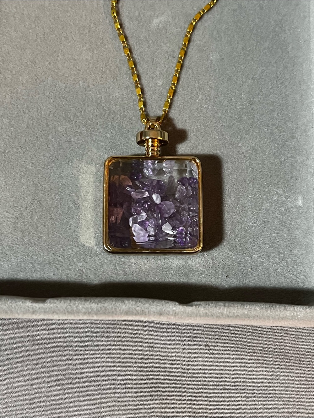 Gold tone Square Pendant Necklace with Purple Crystals